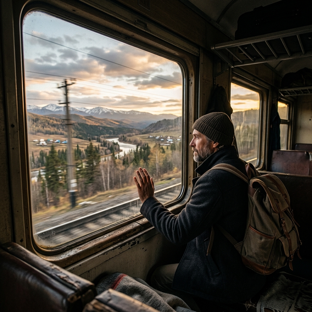 Hombre mirando por la ventana de un tren en movimiento